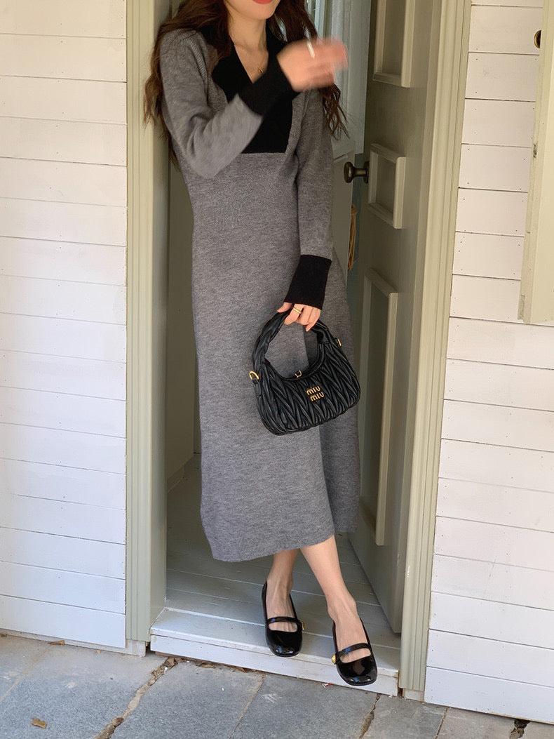 Color Contract Lapel Knit Dress