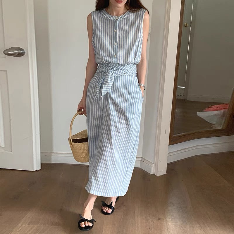 Korean Style Striped Sleeveless Belted Shirt Dress