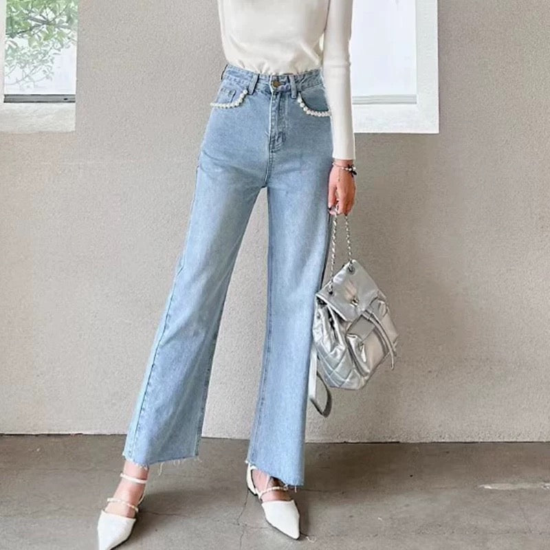 Pearl-Embellished High-Waisted Jeans