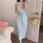 Korean Style Striped Sleeveless Belted Shirt Dress