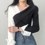 Asymmetrical Color Block Wrap Blouse