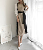 Color Contrast Spliced Sleeve Belted Knit Dress