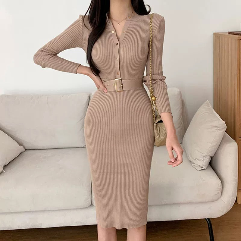 Elegant Ribbed Knit Belted Midi Dress