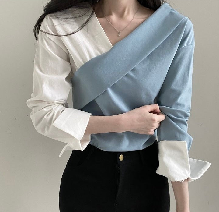 Asymmetrical Color Block Wrap Blouse