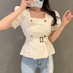 Double Breasted Square Neck Belted Blouse