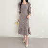 Long Sleeve Square Neck Floral Fishtail Dress