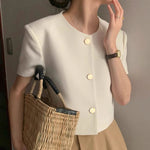 Classic Round Neck Short Sleeve Jacket with Round Gold Buttons