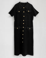 Drawstring Waist Knit Polo Dress with Gold Buttons