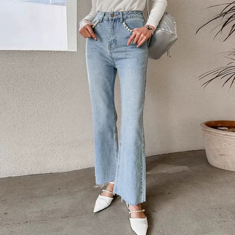 Pearl-Embellished High-Waisted Jeans