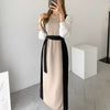 Color Contrast Spliced Sleeve Belted Knit Dress