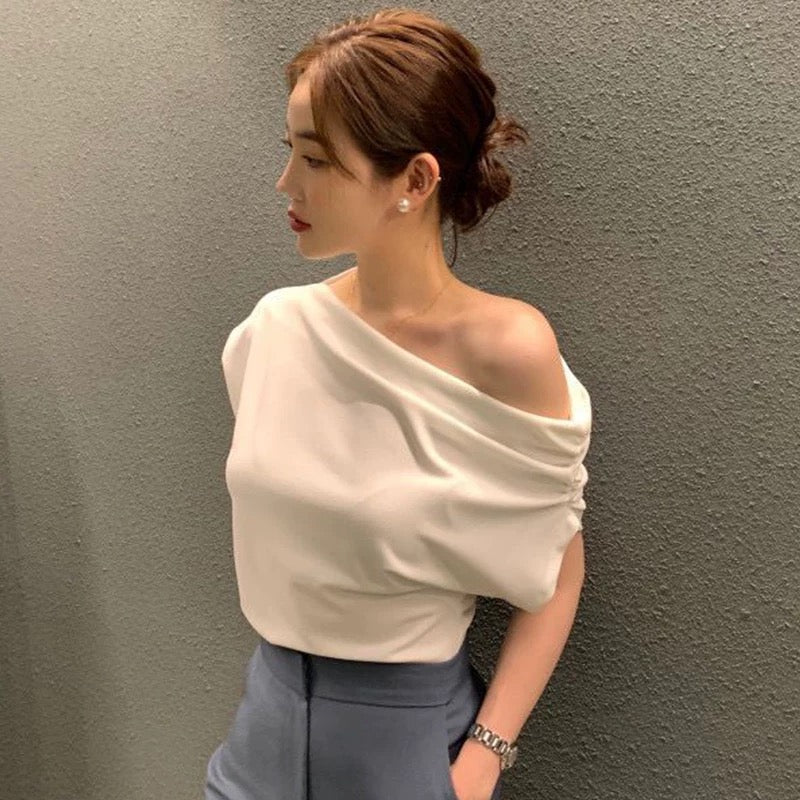 Chic One-Shoulder Ruched Blouse