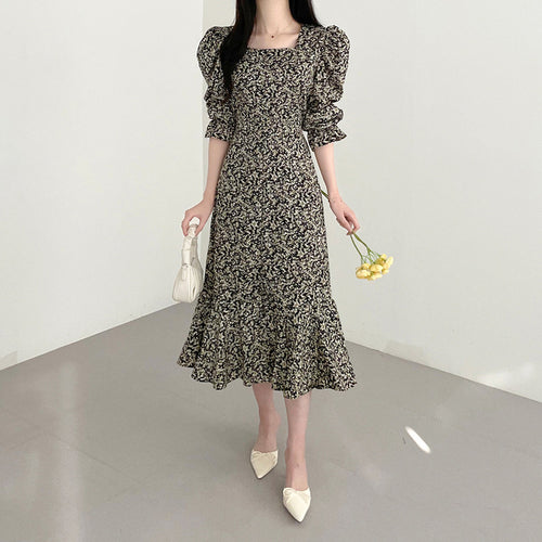 Long Sleeve Square Neck Floral Fishtail Dress