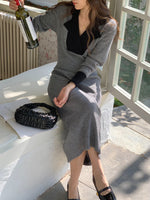 Color Contract Lapel Knit Dress