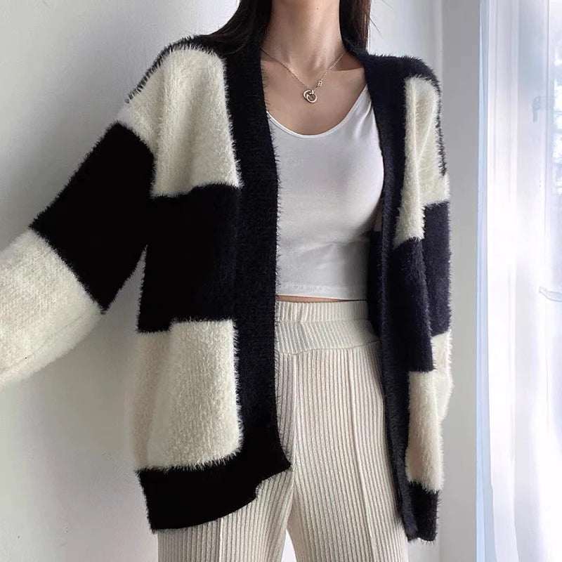 Black & White Faux Mink Cashmere Open Cardigan