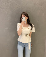 Double Breasted Square Neck Belted Blouse