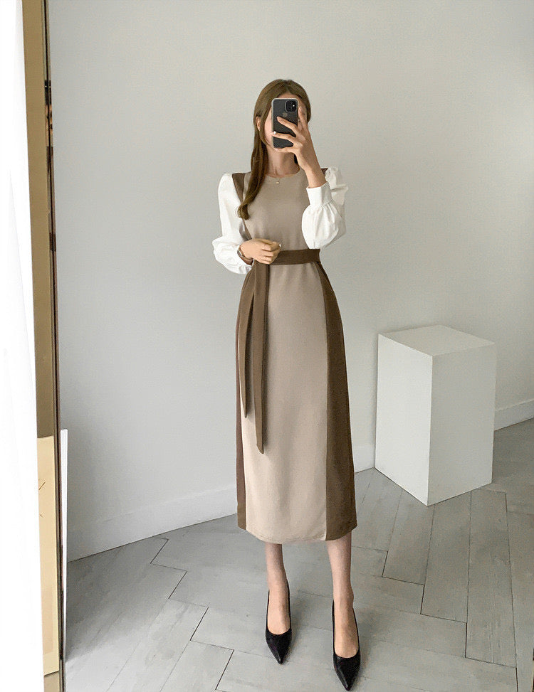 Color Contrast Spliced Sleeve Belted Knit Dress