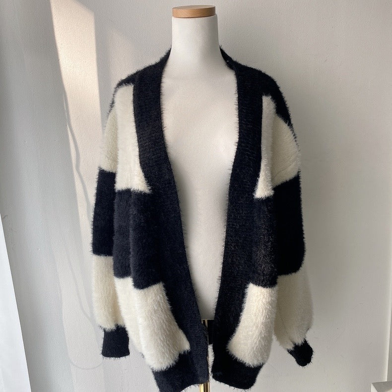 Black & White Faux Mink Cashmere Open Cardigan