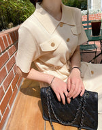 Drawstring Waist Knit Polo Dress with Gold Buttons