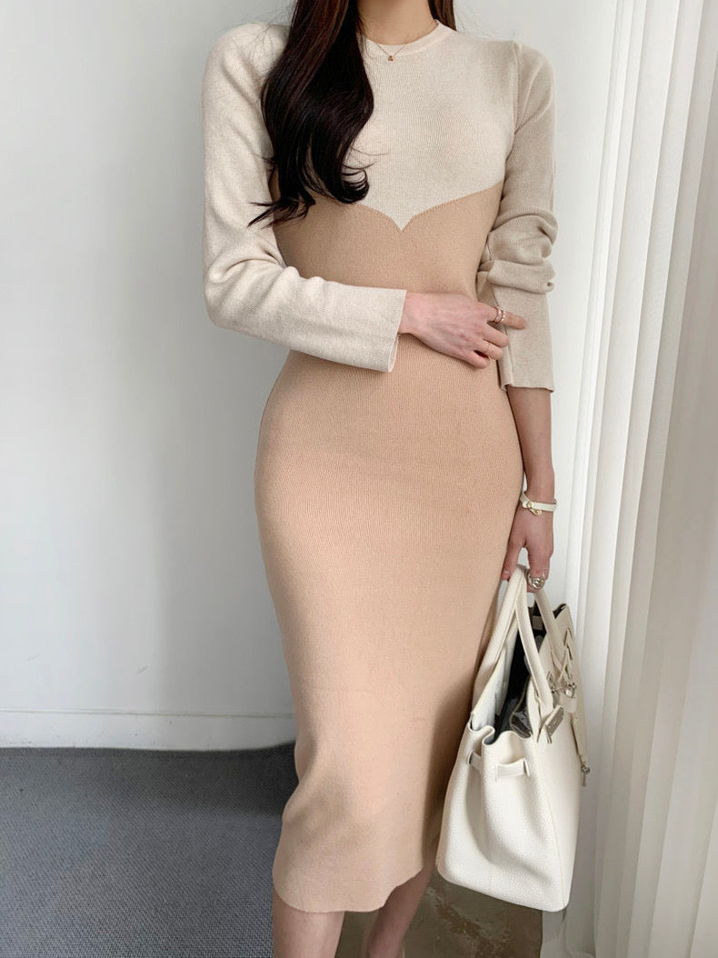 Long Sleeve Color Contrast Knit Dress MyDearCloset Long Sleeve Color Contrast Knit Dress MyDearCloset