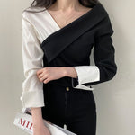 Asymmetrical Color Block Wrap Blouse