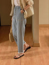 Straight Leg Denim Jeans with Frayed Edges and Pearly Studs