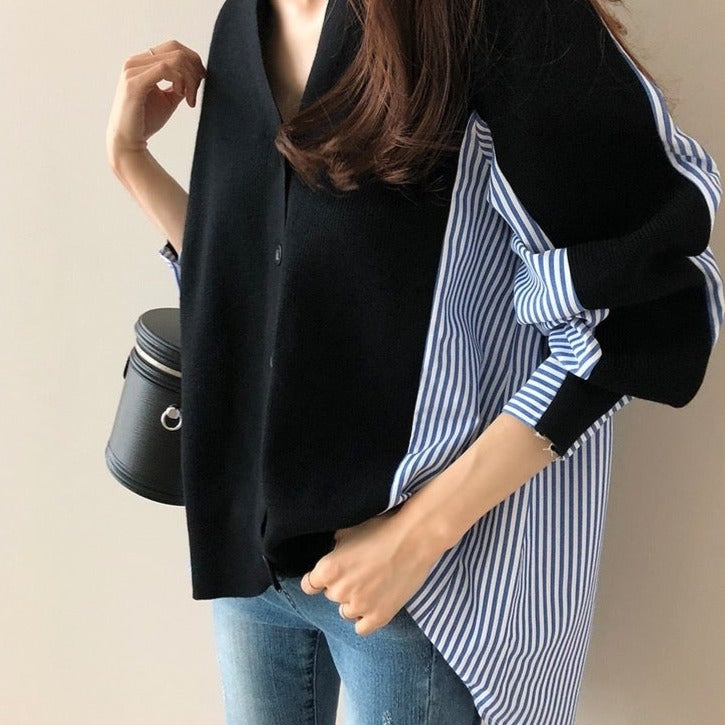 Striped Shirt V-Neck Cardigan