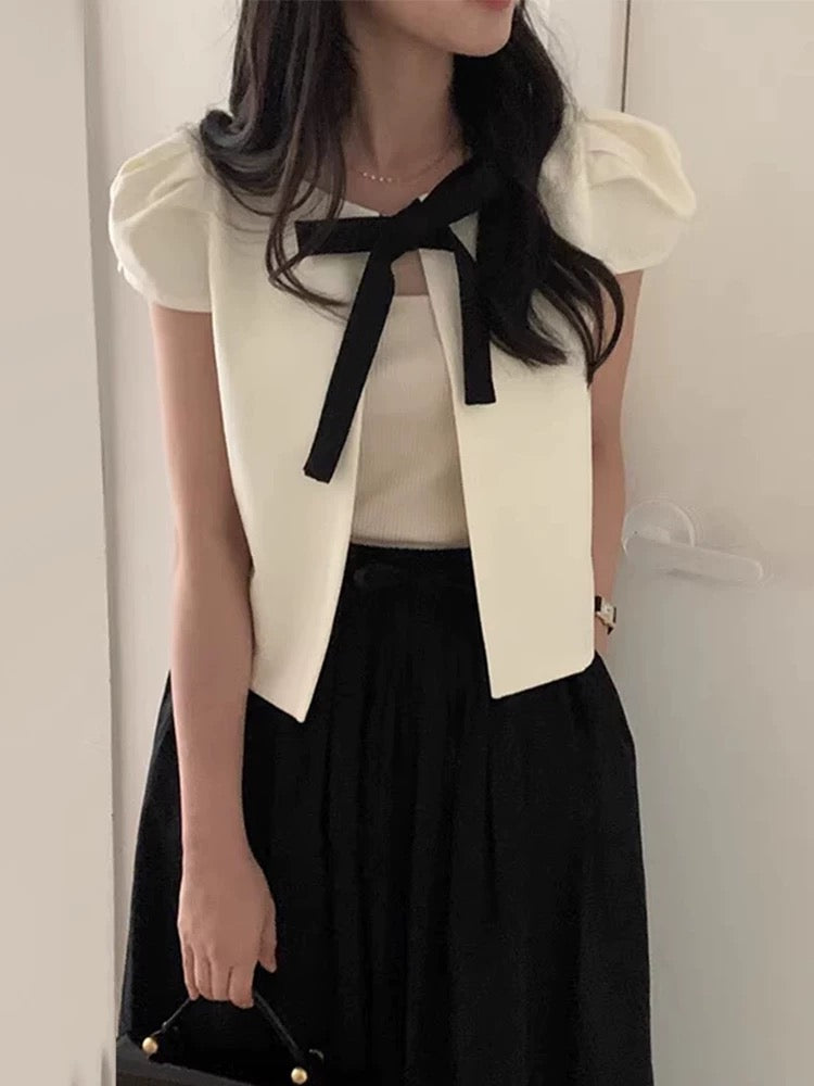 Vintage-Inspired Bow-Tie Cropped Blazer