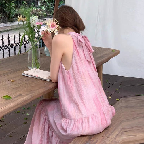 Romantic Gradient Pink Halter Neck Dress