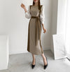 Color Contrast Spliced Sleeve Belted Knit Dress