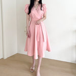 V-Neck Puffed Sleeve Short Sleeve Belted Dress