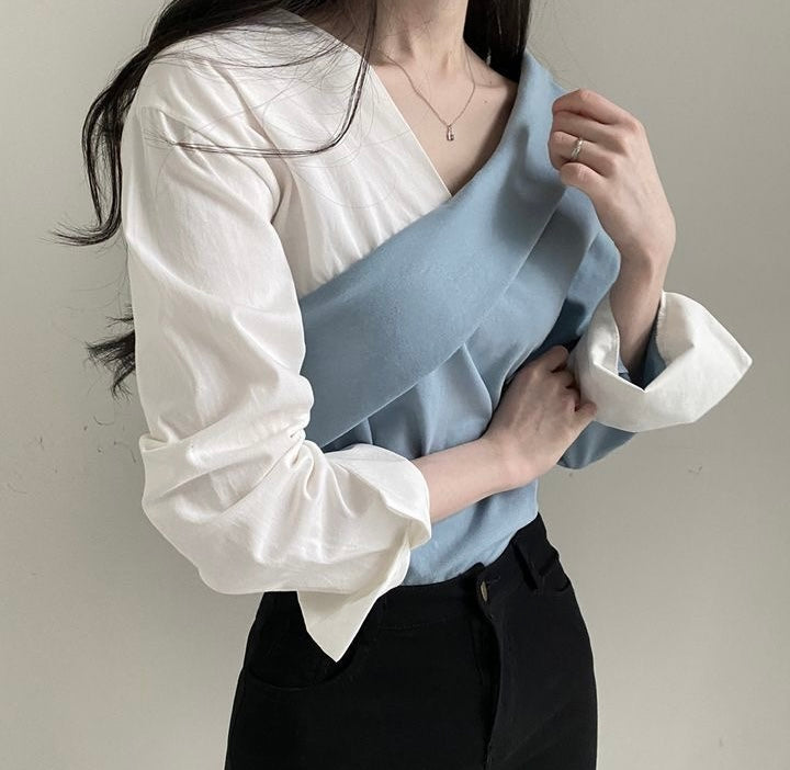 Asymmetrical Color Block Wrap Blouse