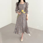 Long Sleeve Square Neck Floral Fishtail Dress