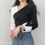 Asymmetrical Color Block Wrap Blouse