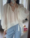 Sheer Relaxed Blouse with Neck Tie