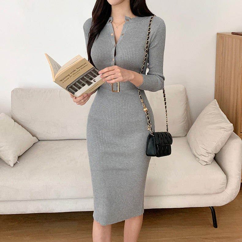 Elegant Ribbed Knit Belted Midi Dress