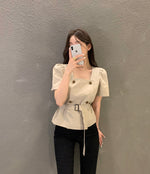 Double Breasted Square Neck Belted Blouse