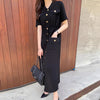 Drawstring Waist Knit Polo Dress with Gold Buttons