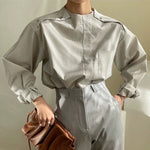 Modern Minimalist Striped Button-Shoulder Blouse