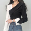 Asymmetrical Color Block Wrap Blouse