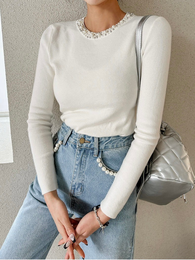 Pearl-Embellished High-Waisted Jeans