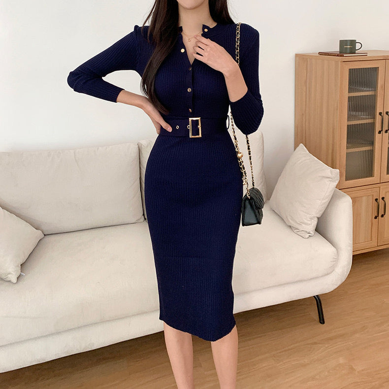 Elegant Ribbed Knit Belted Midi Dress