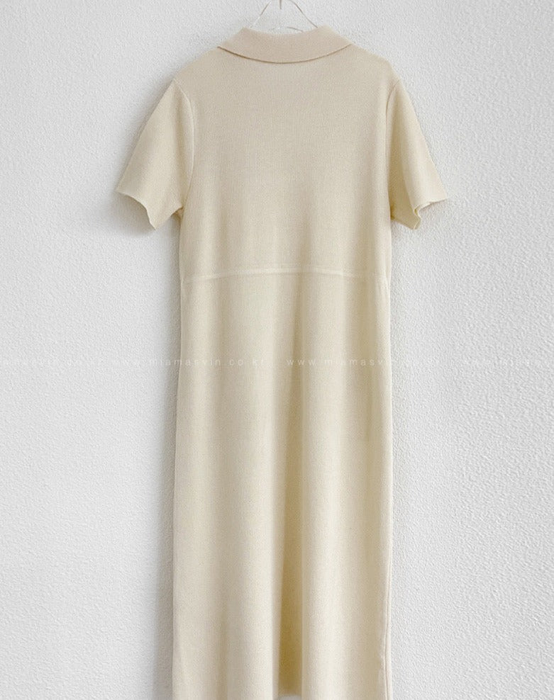 Drawstring Waist Knit Polo Dress with Gold Buttons