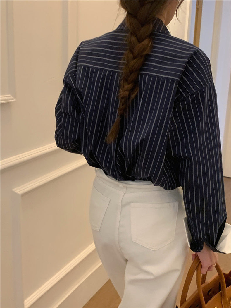 Designer Side Button Striped Blouse