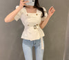 Double Breasted Square Neck Belted Blouse