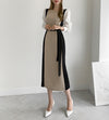 Color Contrast Spliced Sleeve Belted Knit Dress