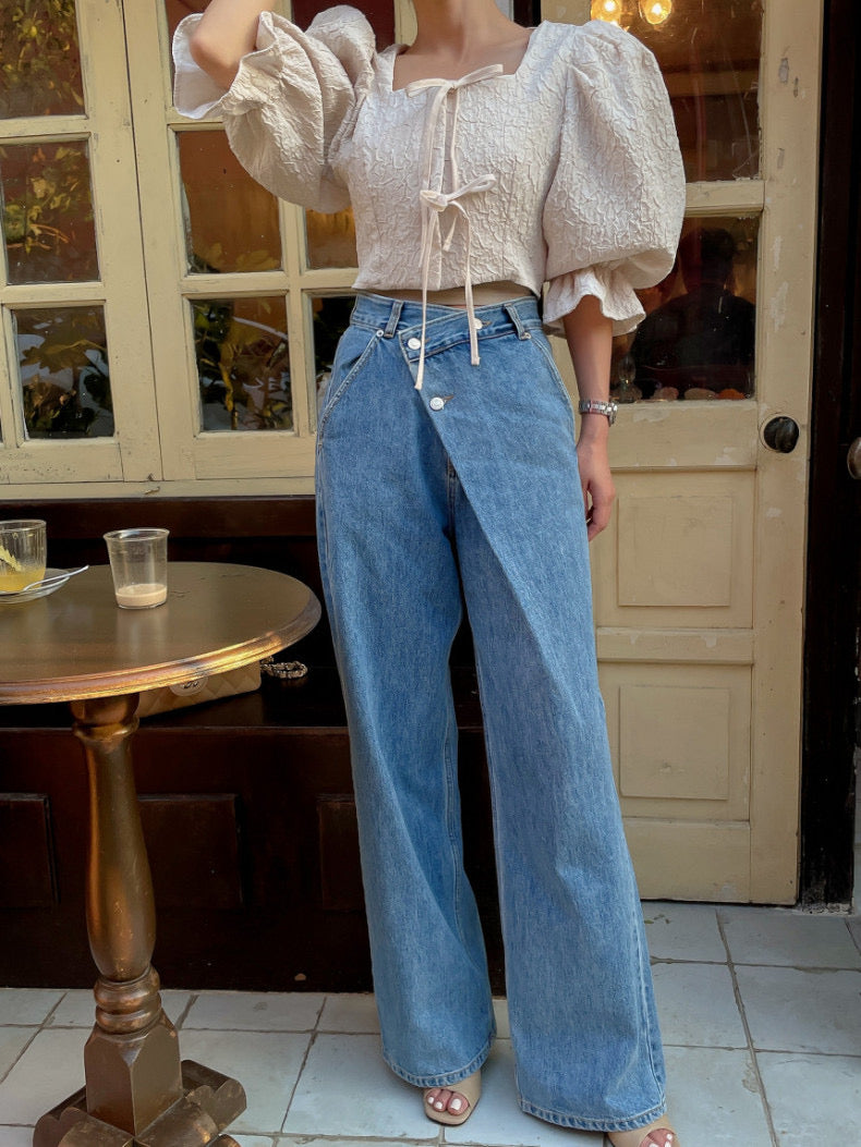 Asymmetric Wrap-Waist Wide-Leg Jeans