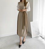 Color Contrast Spliced Sleeve Belted Knit Dress