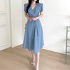 V-Neck Puffed Sleeve Short Sleeve Belted Dress