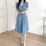 V-Neck Puffed Sleeve Short Sleeve Belted Dress