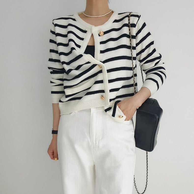 Classic Striped Knitted Cardigan with Gold Buttons